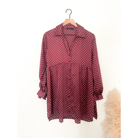 Zara Satin Polka Dot Tunic Top XS Burgundy Hi Low Button Up Blouse Tie Sleeve - Picture 3 of 11